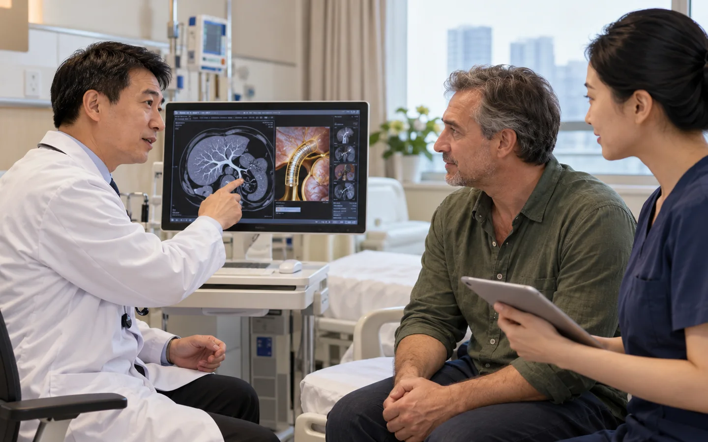International patient reviewing liver tests symptoms and stent follow up after ERCP