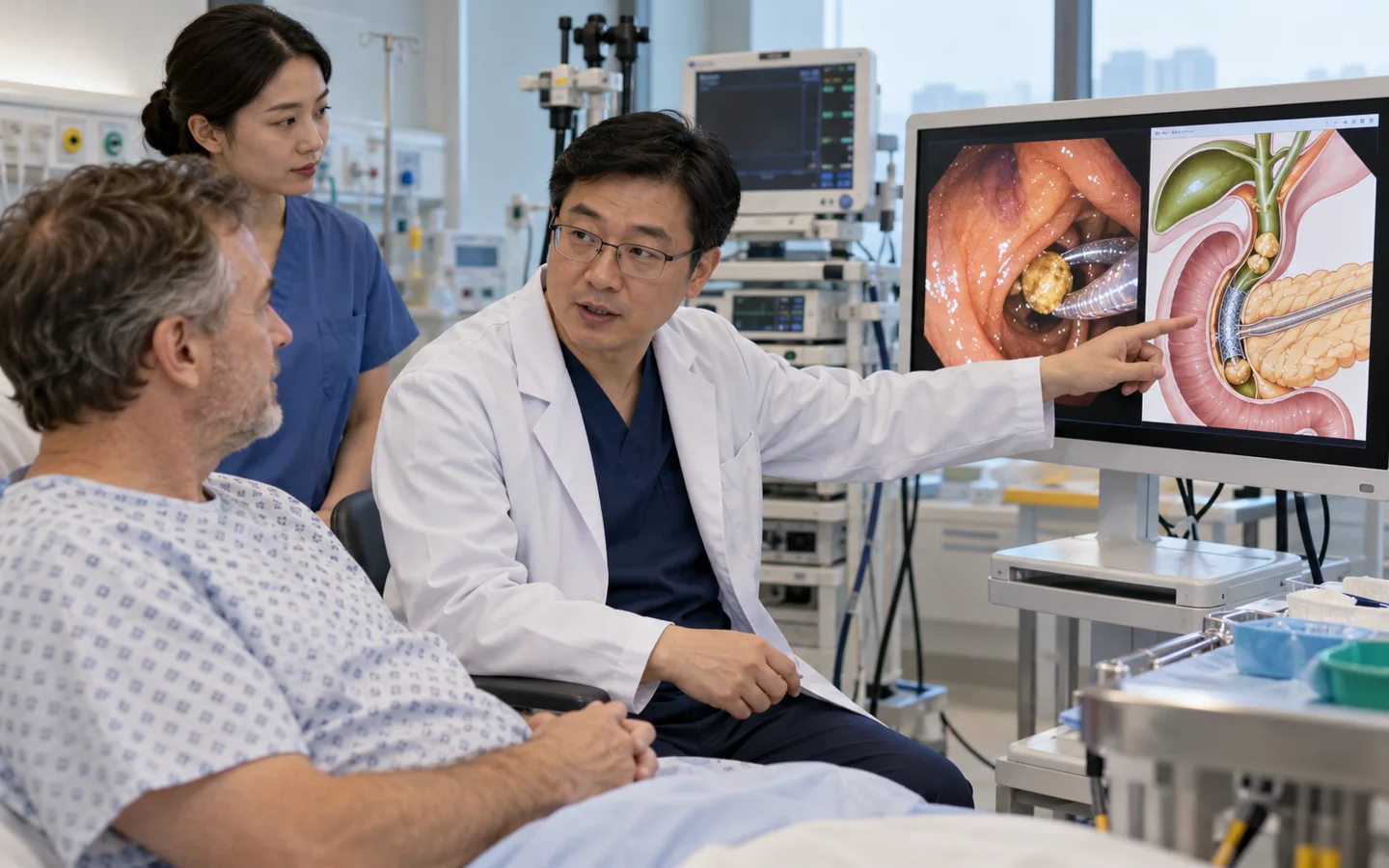 Chinese therapeutic endoscopist explaining ERCP stone extraction and stenting to an international patient
