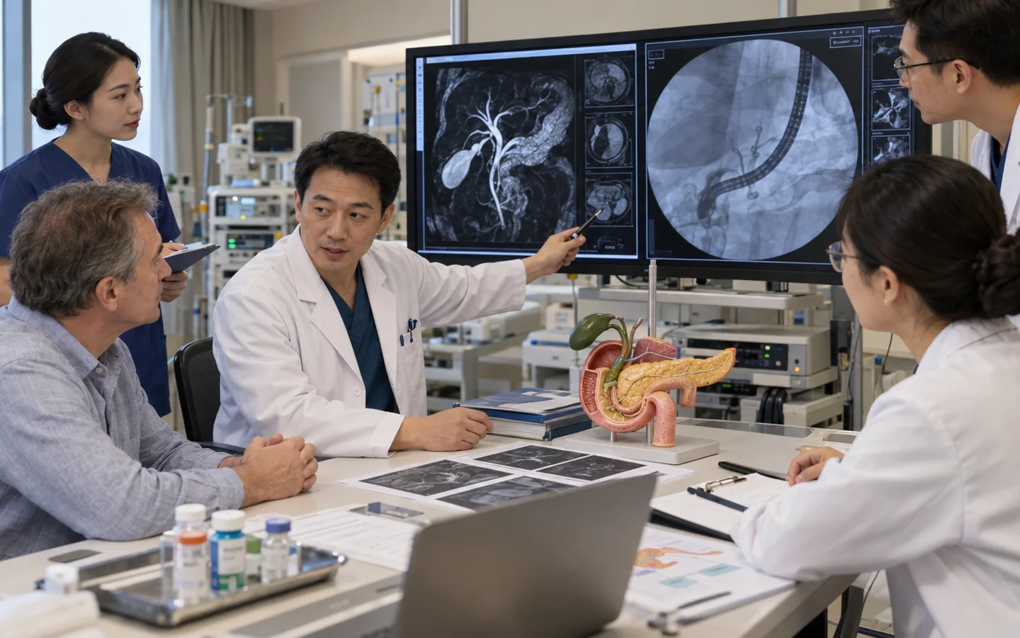 Chinese ERCP team reviewing MRCP fluoroscopy anatomy antibiotics and pancreatitis prevention plan