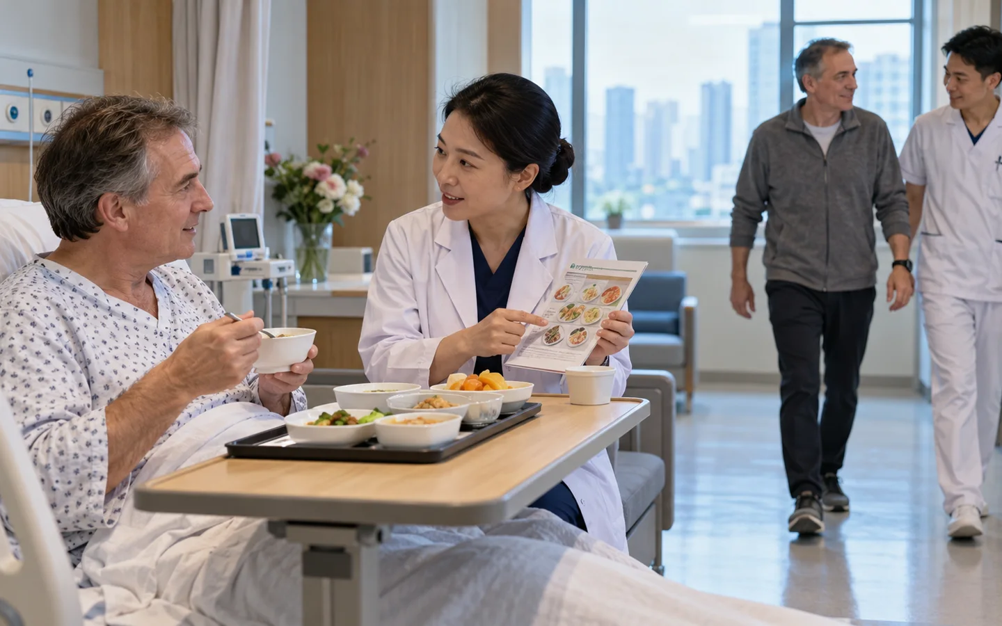 International patient working with a dietitian on small meals and walking after esophagectomy