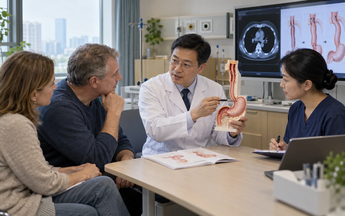 Chinese esophageal surgeon explaining esophagectomy and reconstruction to an international patient and family