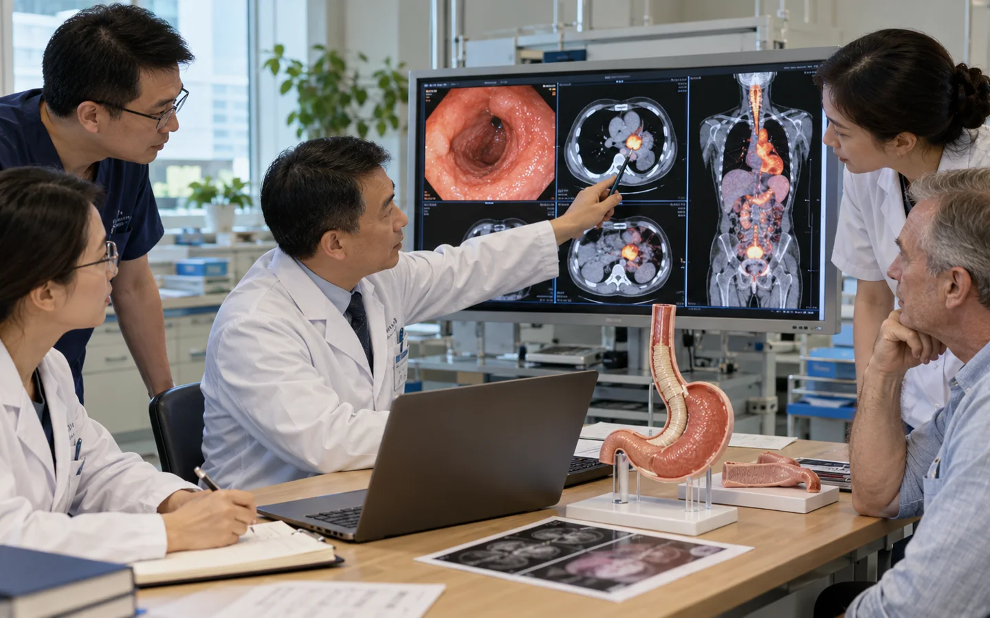 Chinese multidisciplinary upper gastrointestinal team reviewing endoscopy PET CT and a stomach conduit plan