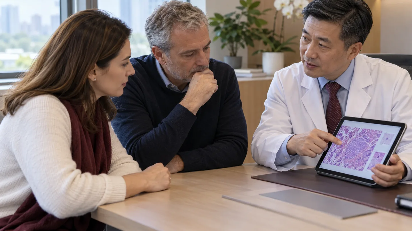 Oncologist explaining an expert pathology review and next treatment decisions to an international patient in a modern consultation room
