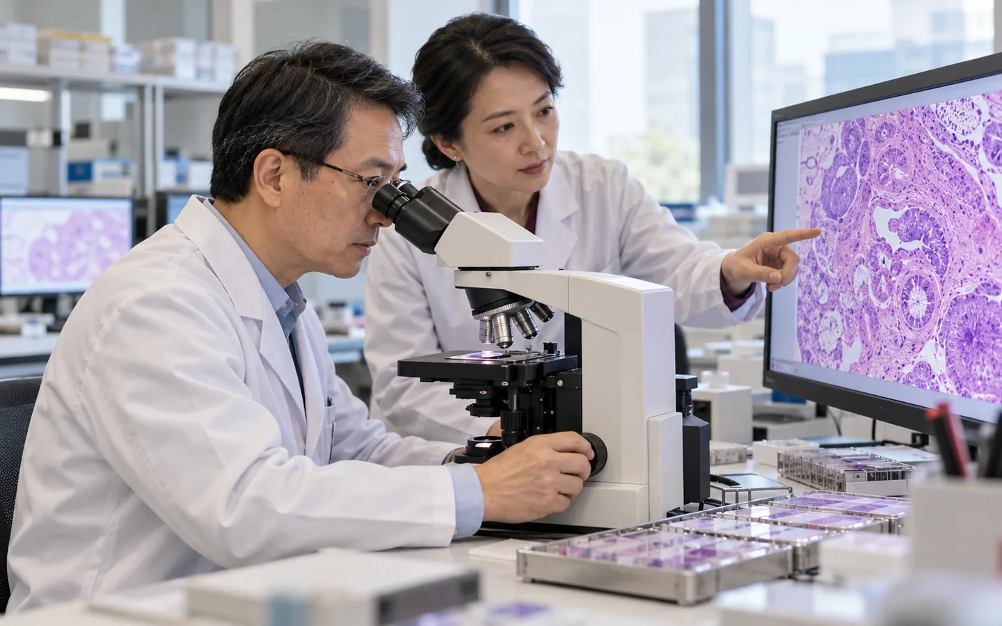 Chinese cancer pathologist reviewing microscope slides and digital pathology images in a specialist laboratory