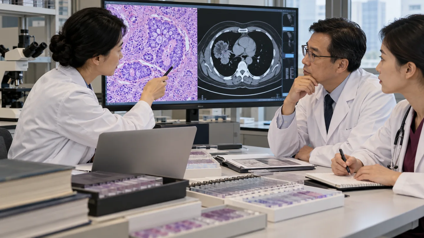 Chinese specialist pathologists and oncologists comparing microscope slides with digital pathology images during a cancer case review
