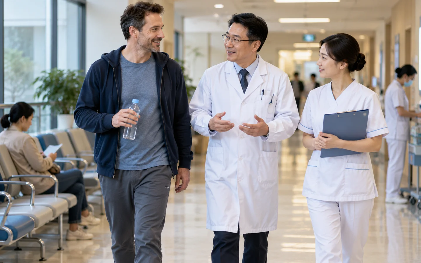 International adult patient walking and hydrating during follow up after kidney stone fragmentation treatment