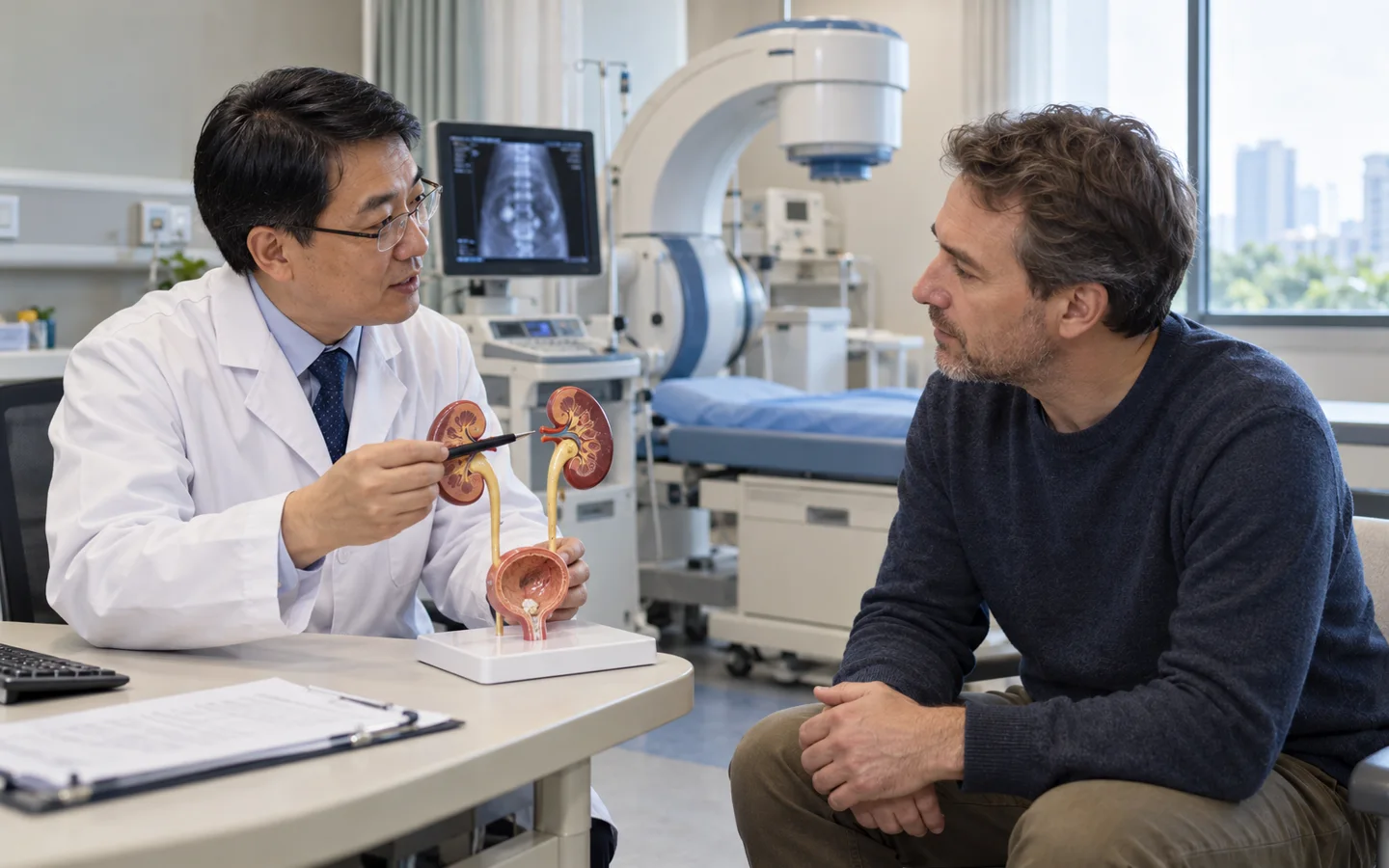 Chinese urologist explaining external shock wave kidney stone treatment to an international adult patient using a urinary tract model