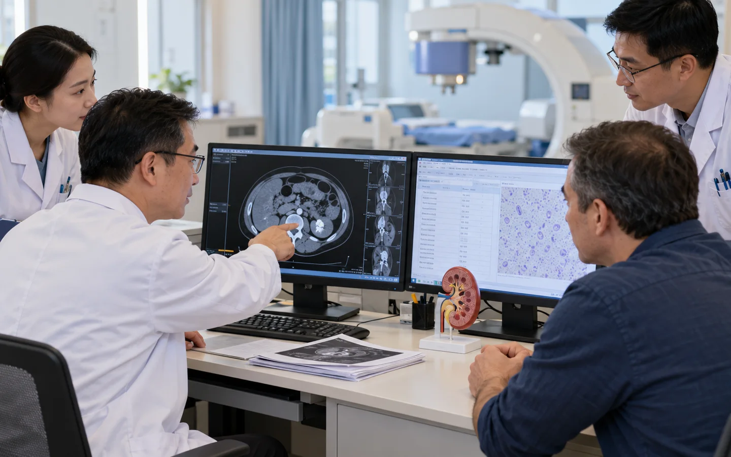 Chinese stone treatment team reviewing CT stone density targeting and urine culture before shock wave lithotripsy