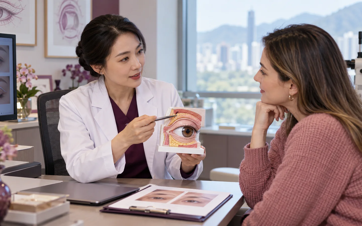 Chinese plastic and reconstructive surgeon explaining upper and lower eyelid anatomy support and blepharoplasty planning with an eye model to a fully clothed international patient