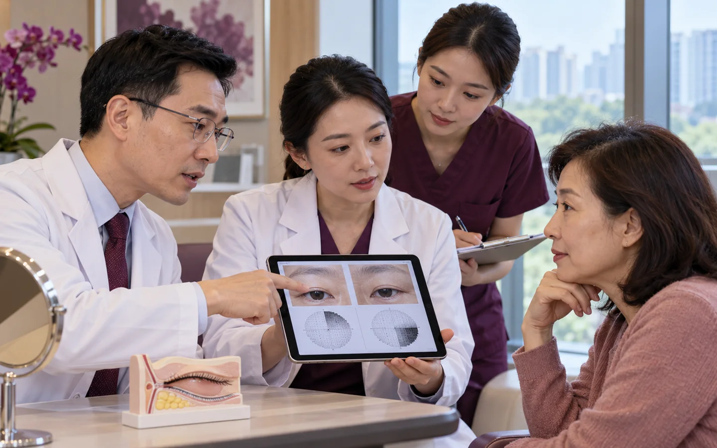 Chinese reconstructive team reviewing photographs visual fields brow position dry eye lower-lid support and scar placement