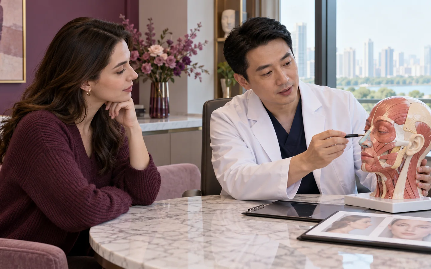 Chinese plastic and reconstructive surgeon explaining lower face and neck tissue layers and facelift planning with a facial model to a fully clothed international patient