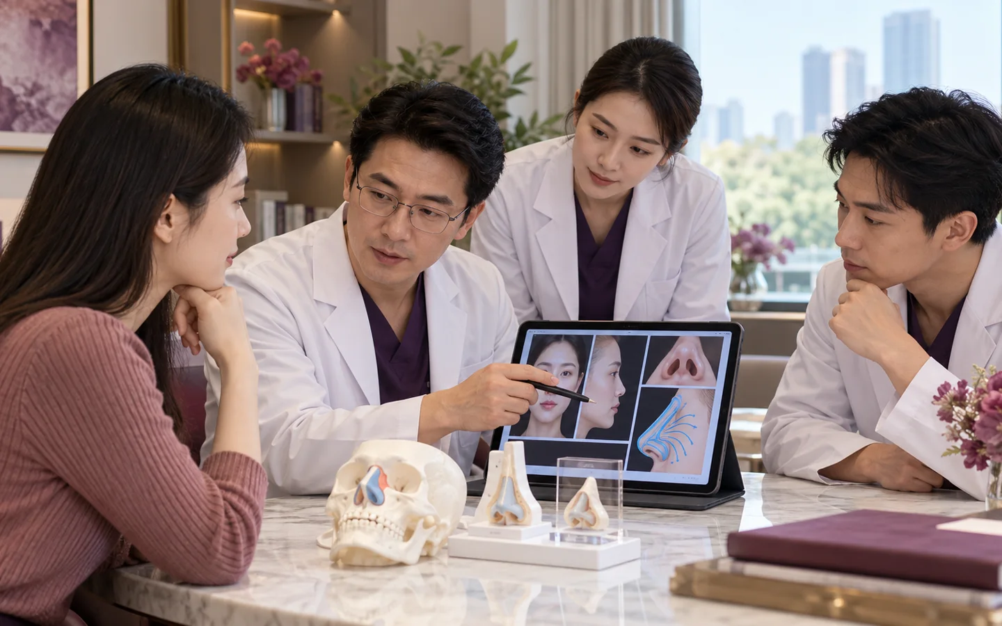 Chinese reconstructive team reviewing standardized photographs skin laxity deeper support scars hairline and nerve anatomy