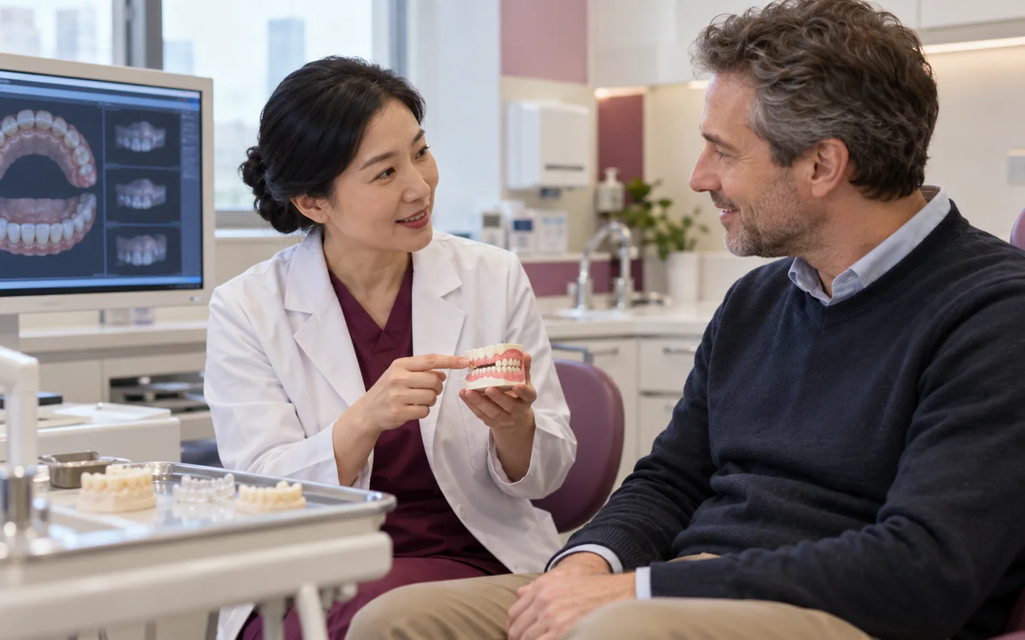 Fully clothed international patient completing provisional-to-final bite comfort hygiene and restoration review with a Chinese dental clinician