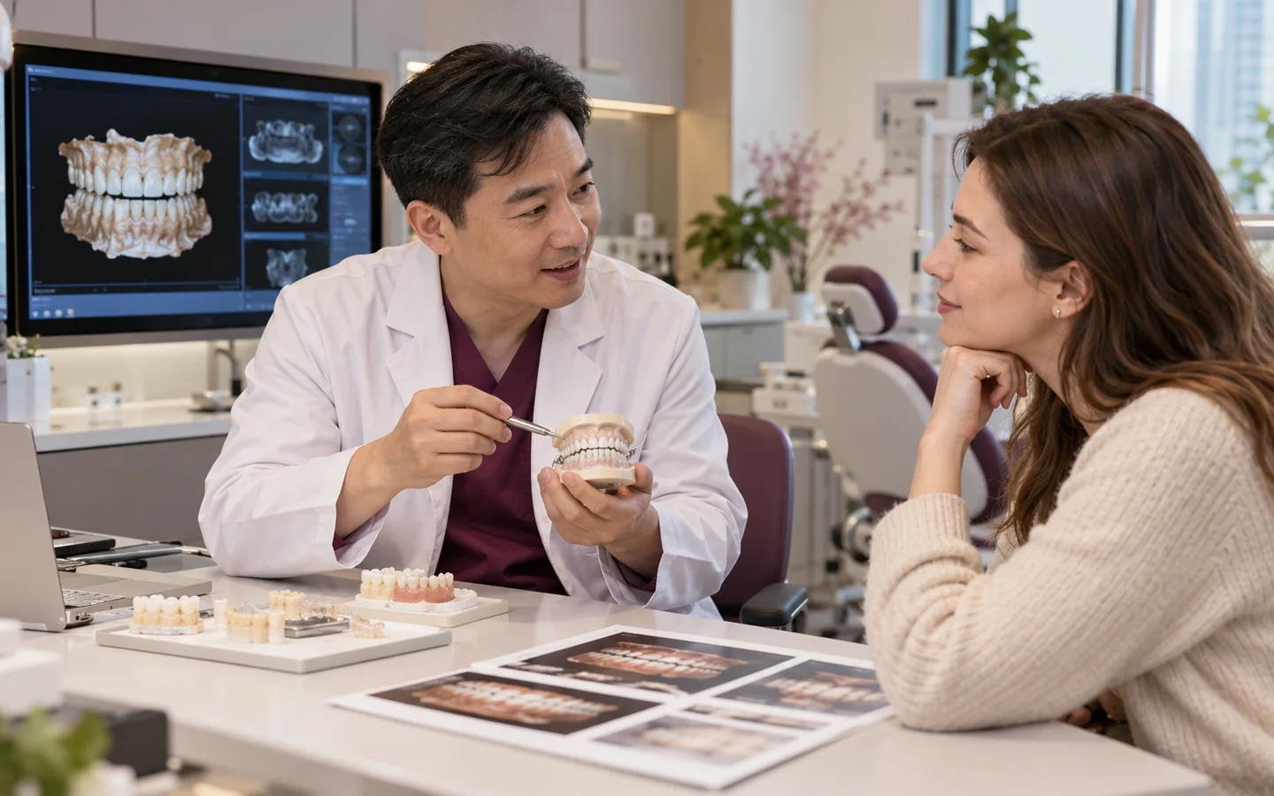 Chinese dental specialist explaining staged full-mouth rehabilitation with tooth models and a diagnostic wax-up to a fully clothed international patient
