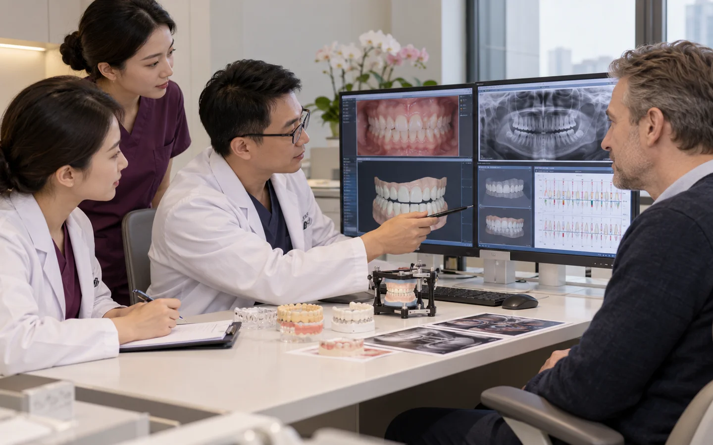 Chinese dental team reviewing photographs scans radiographs periodontal chart bite analysis and provisional design