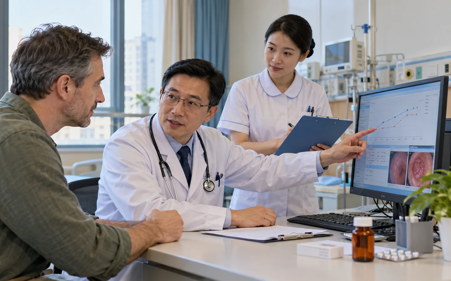 International patient reviewing iron recovery medicine changes and repeat testing after gastrointestinal bleeding