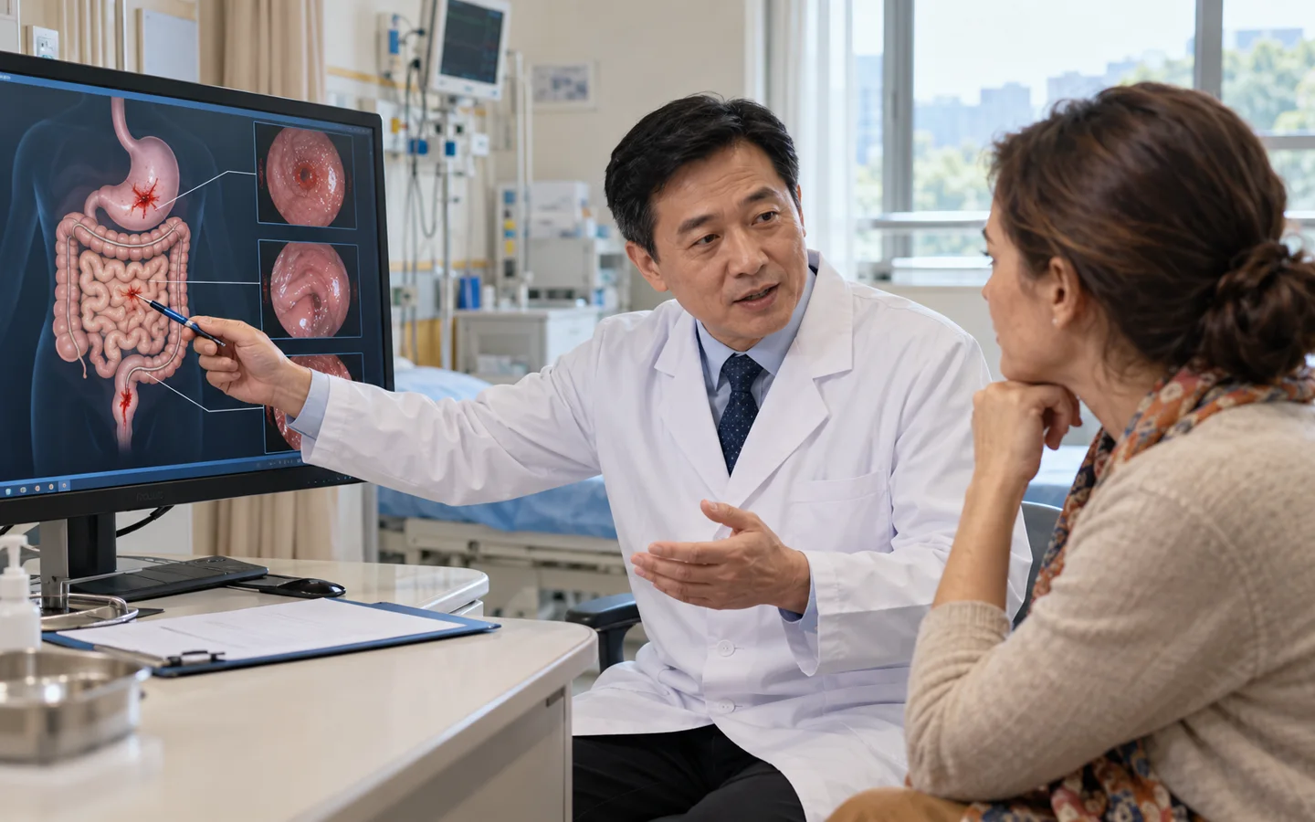Chinese gastroenterologist explaining upper lower and small bowel bleeding pathways to an international patient