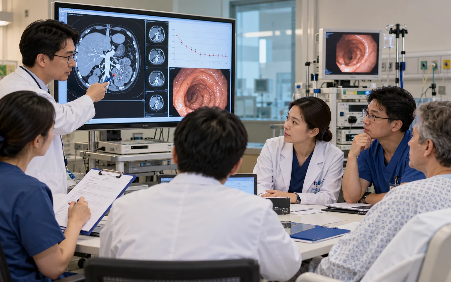 Chinese emergency gastroenterology team reviewing hemoglobin trends CT angiography and endoscopy timing