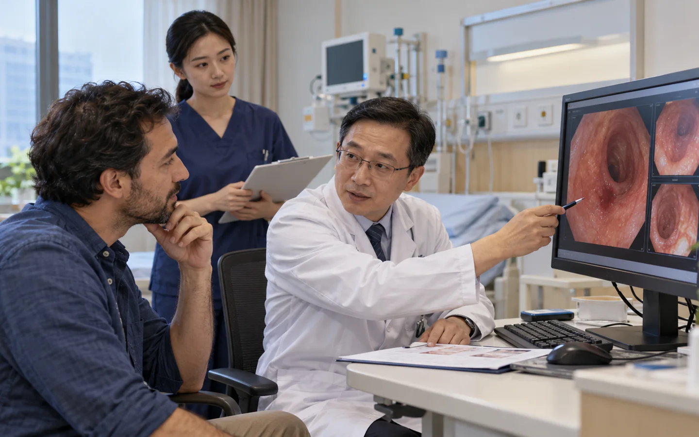 International patient discussing pathology reflux and follow up after gastroscopy