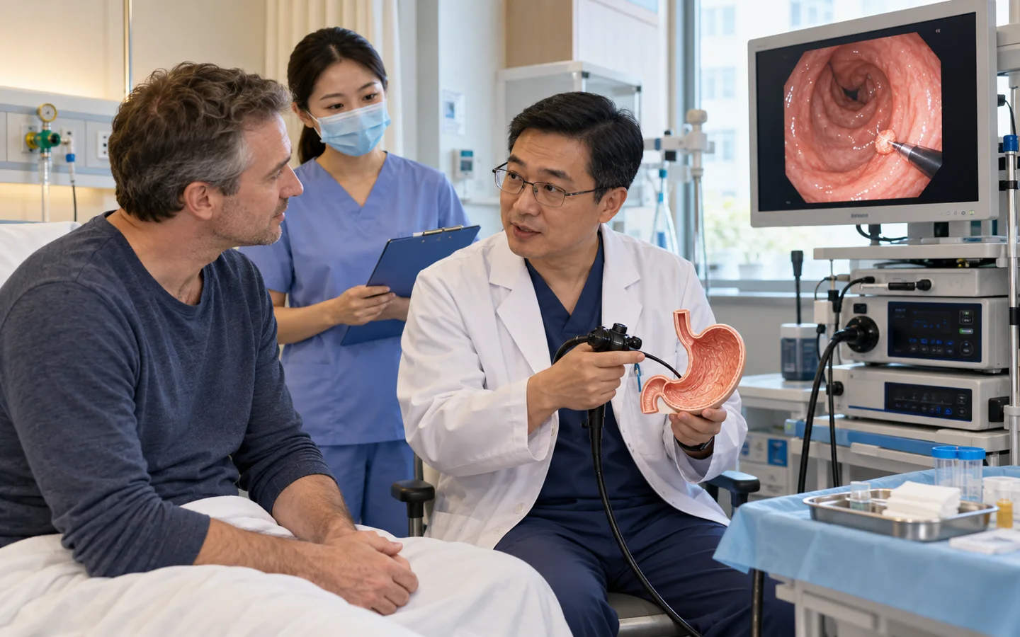 Chinese gastroenterologist explaining gastroscopy biopsy and sedation to an international patient