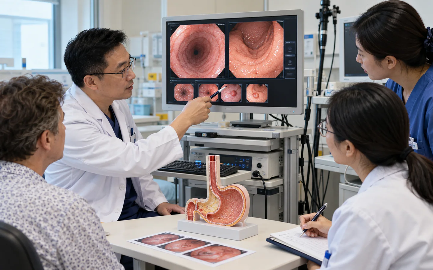 Chinese upper endoscopy team reviewing esophagus stomach images and targeted biopsy locations