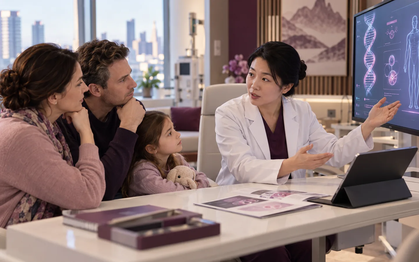 Chinese gene therapy specialist explaining product specific eligibility to an international family