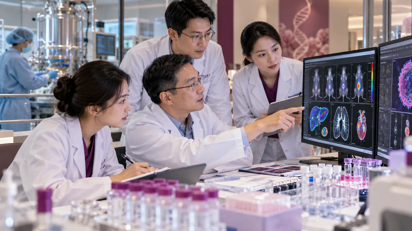 Chinese cellular gene therapy team reviewing vector screening organ tests and manufacturing quality