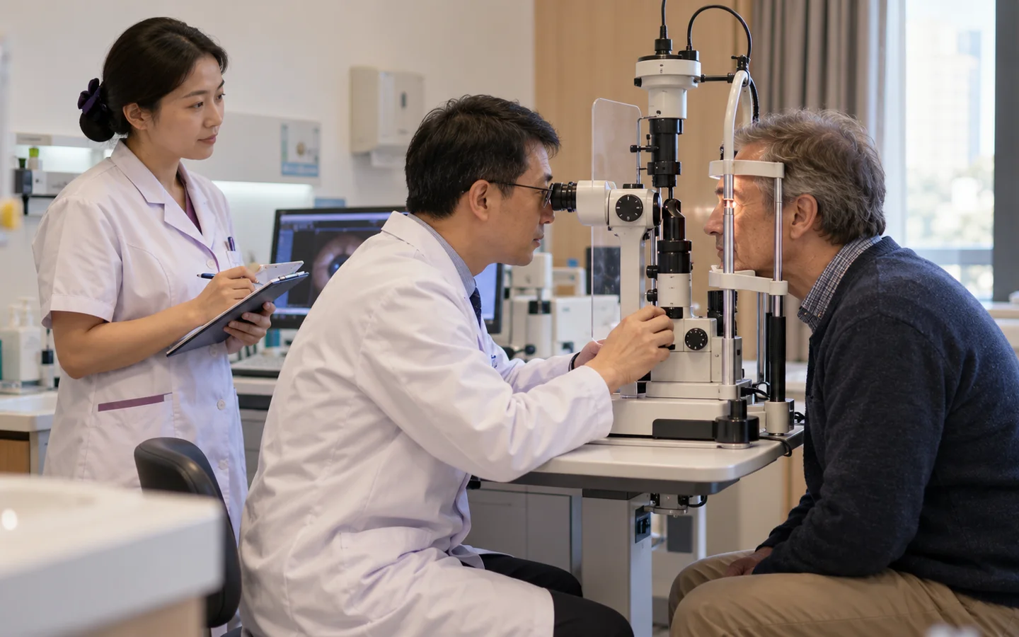 International adult patient receiving eye pressure and filtering bleb check after glaucoma surgery