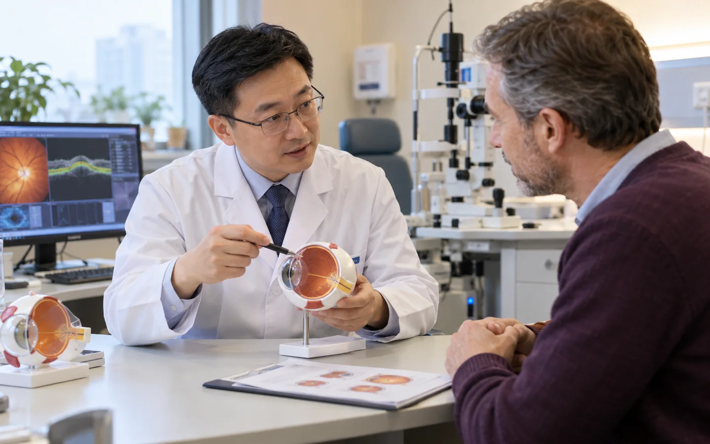Chinese glaucoma specialist explaining drainage surgery and pressure targets to an international adult patient with an eye model