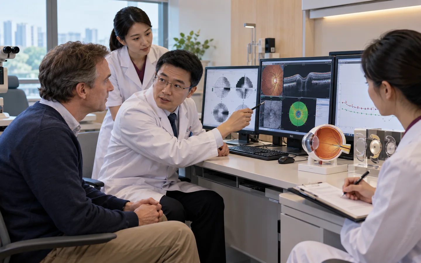 Chinese glaucoma team reviewing visual fields optic nerve OCT pressure trend and implant options