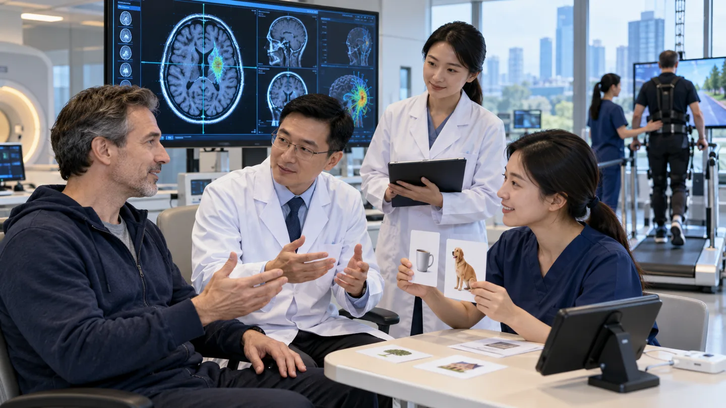 International patient completing neurologic language and rehabilitation follow-up after glioma surgery