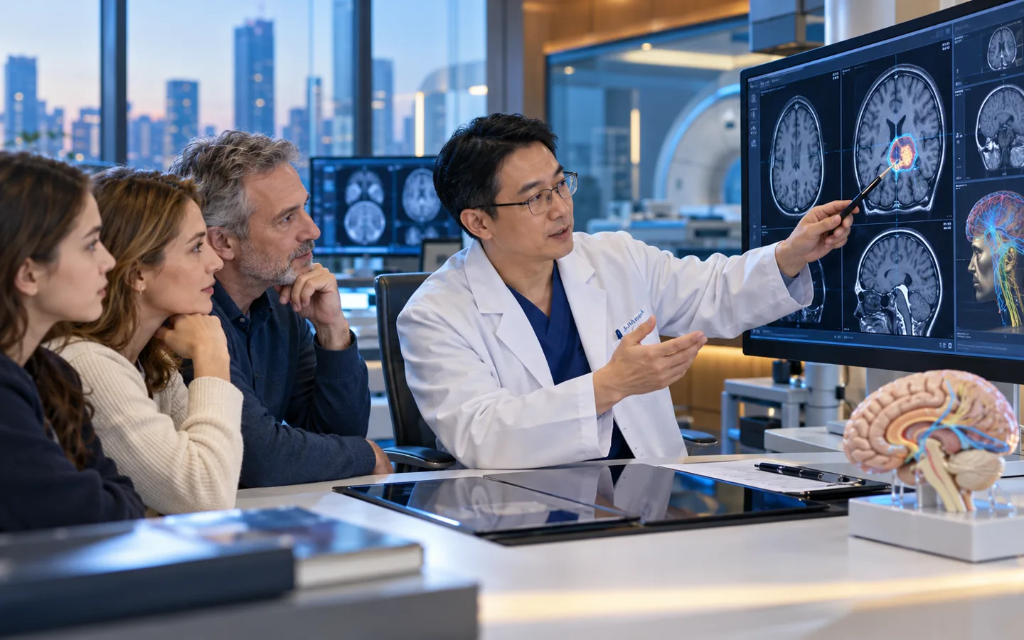 Chinese neurosurgeon explaining glioma MRI and safe resection goals to an international family