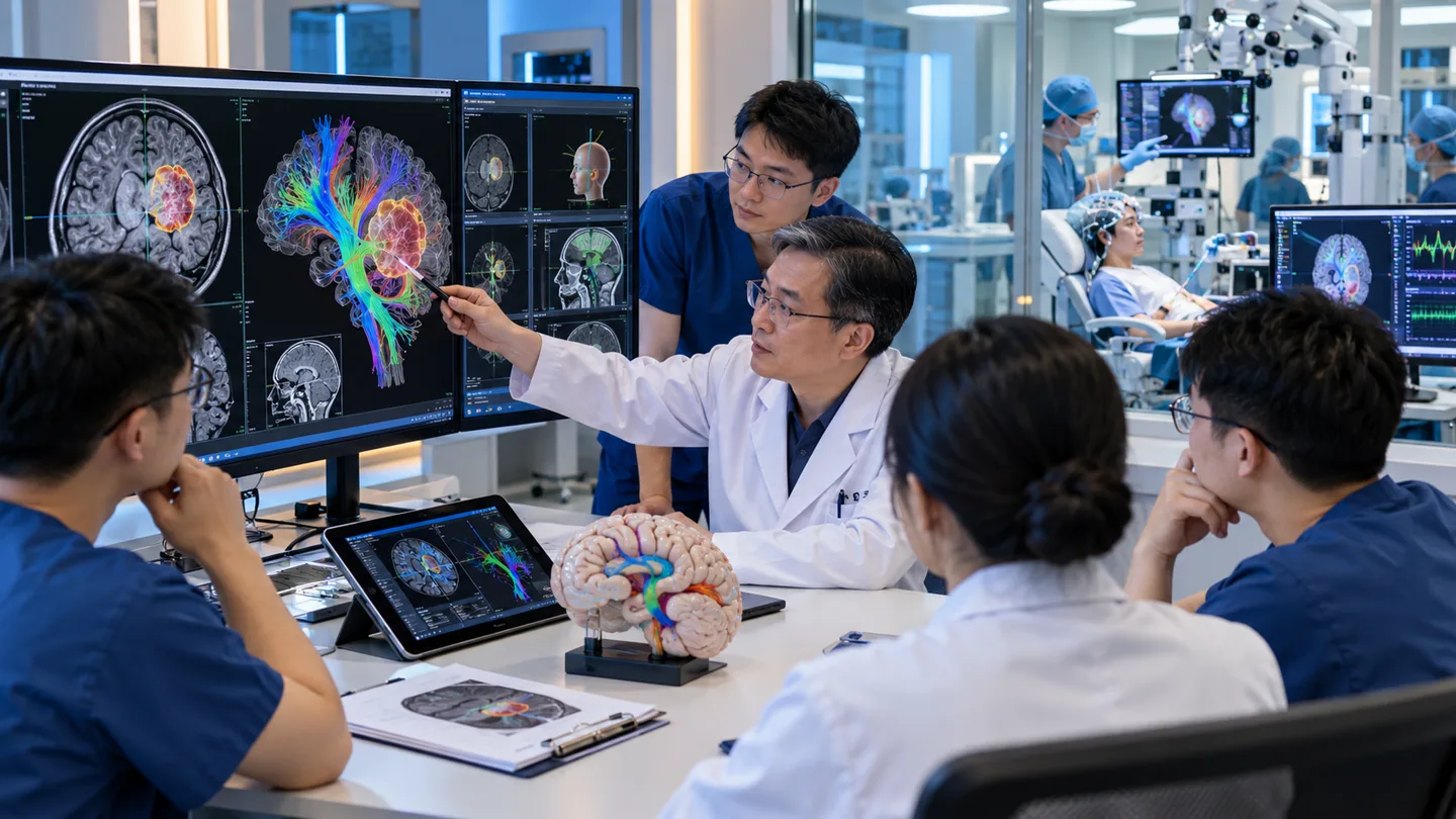 Chinese neurosurgical team planning glioma surgery with functional MRI tractography and navigation