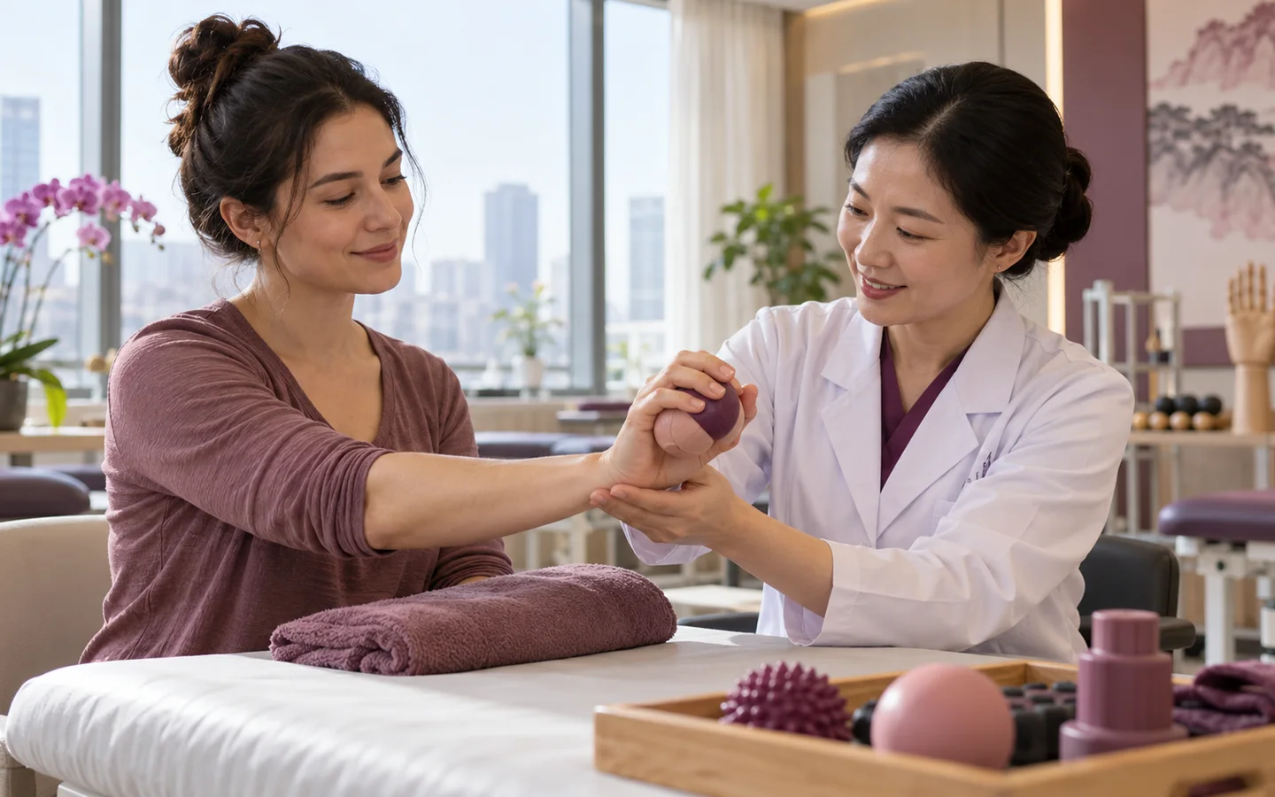Fully clothed international patient completing splint hand therapy sensation and tendon-glide follow up after microsurgery with a Chinese rehabilitation clinician