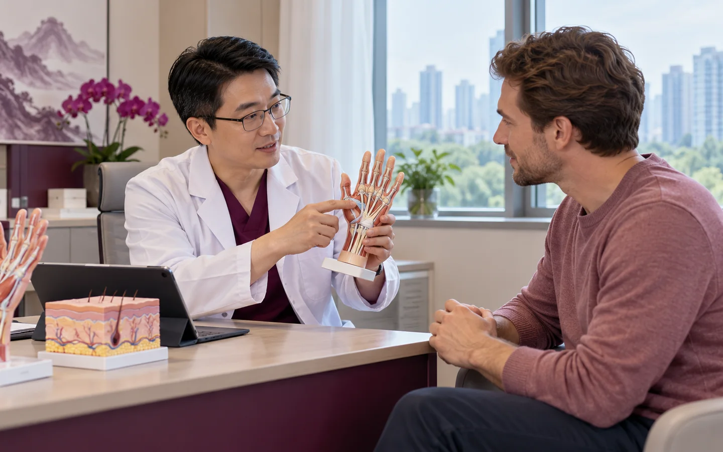 Chinese plastic and reconstructive surgeon explaining hand tendons nerves vessels and microsurgical reconstruction using an anatomical model to a fully clothed international patient