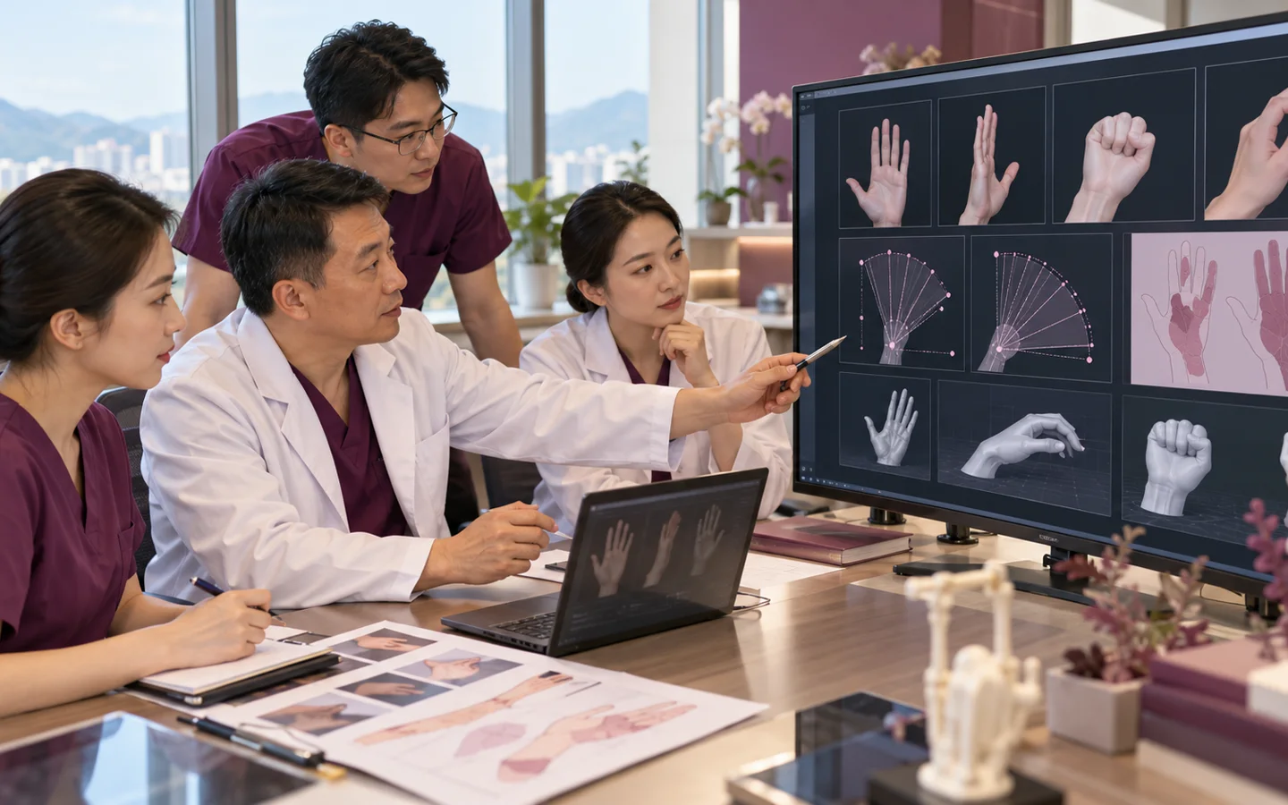 Chinese reconstructive team reviewing vascular imaging injury photographs bone tendon nerve map and donor-tissue options