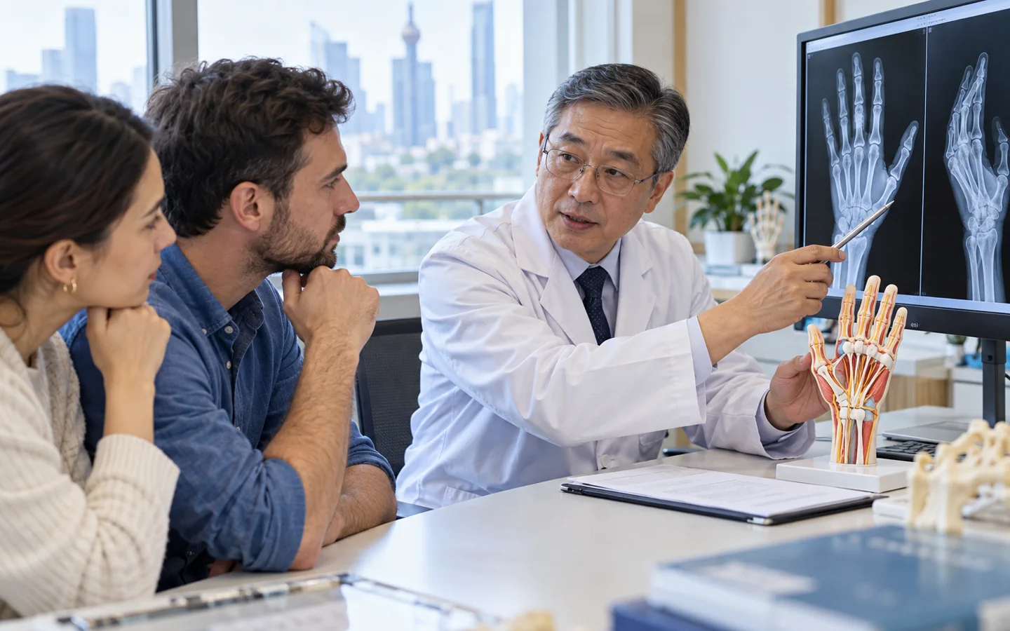 Chinese microsurgeon explaining hand anatomy and X-rays to an international patient and family member