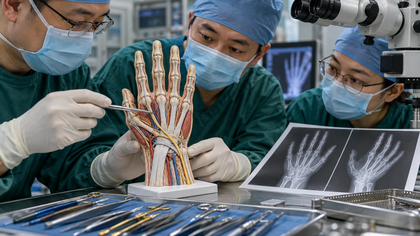 Chinese microsurgery team studying hand anatomy, X-rays and microsurgical instruments without graphic injury