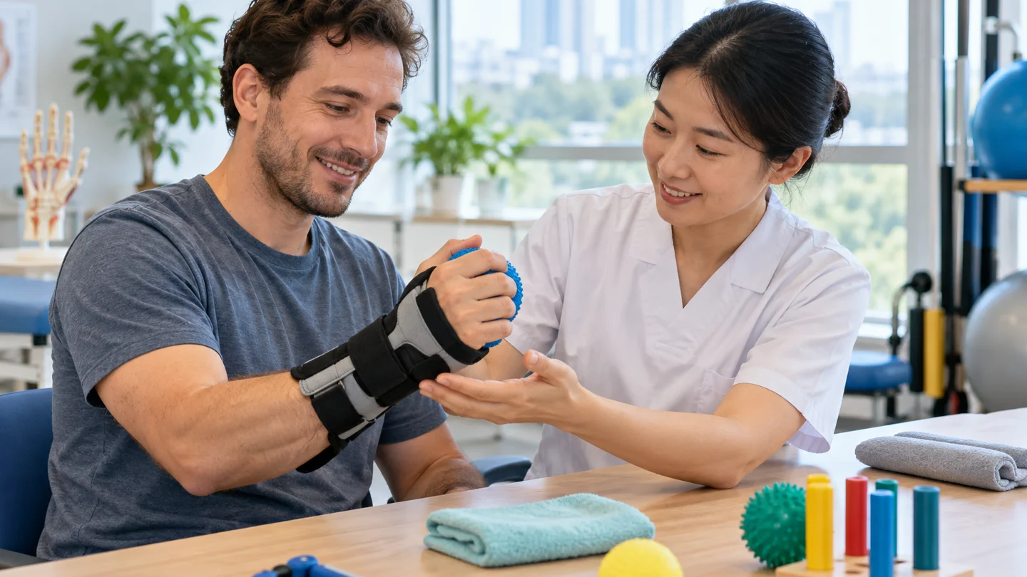 International patient practising finger movement with a Chinese hand therapist and protective splint
