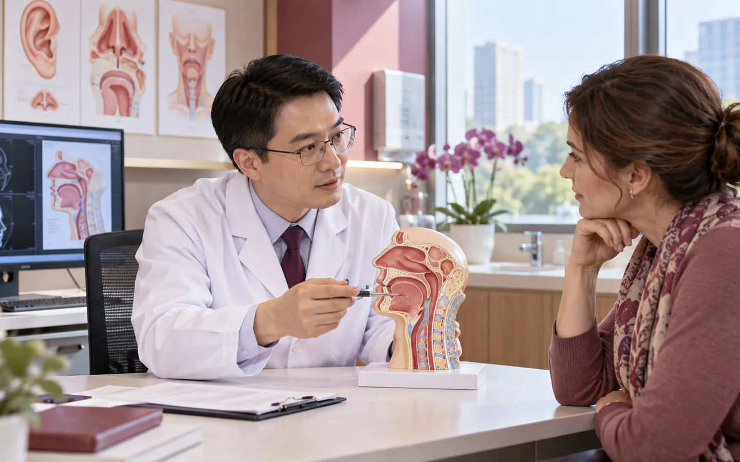 Chinese ENT specialist explaining head and neck cancer resection and reconstruction planning with an anatomical model to a fully clothed international patient