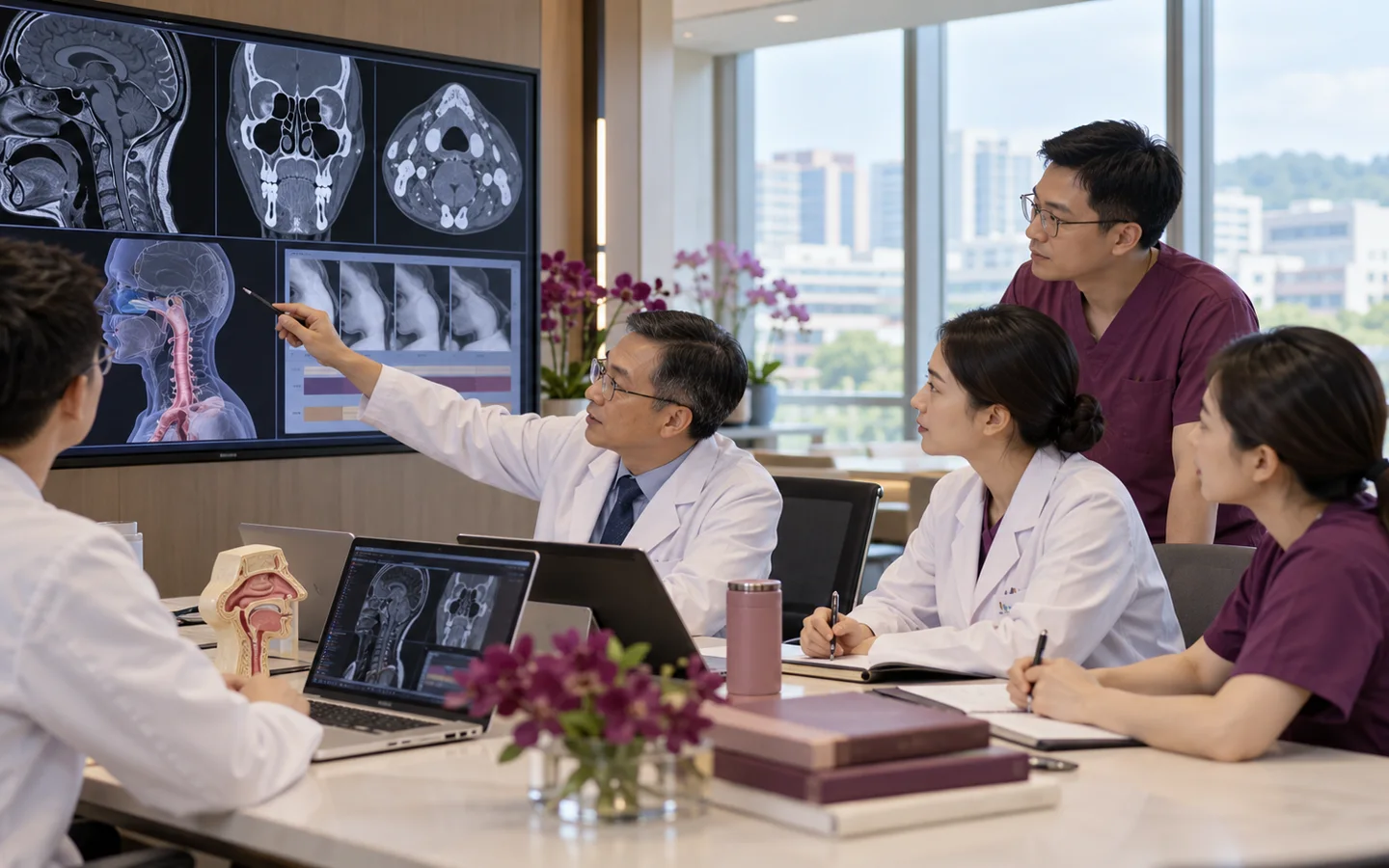 Chinese multidisciplinary ENT team reviewing pathology staging scans airway swallowing dental and flap-reconstruction options