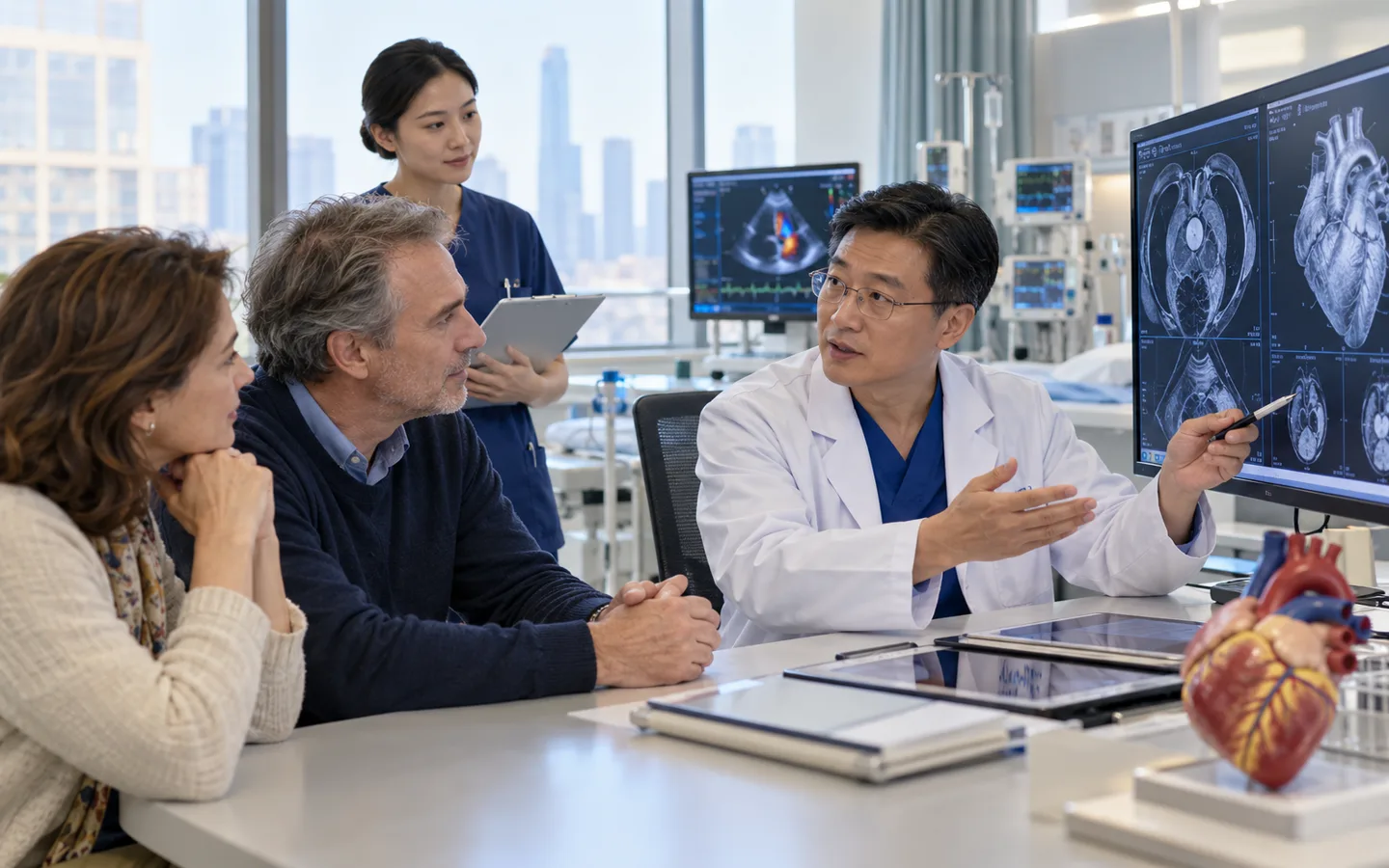 Chinese advanced heart failure specialist explaining heart transplant assessment to an international family