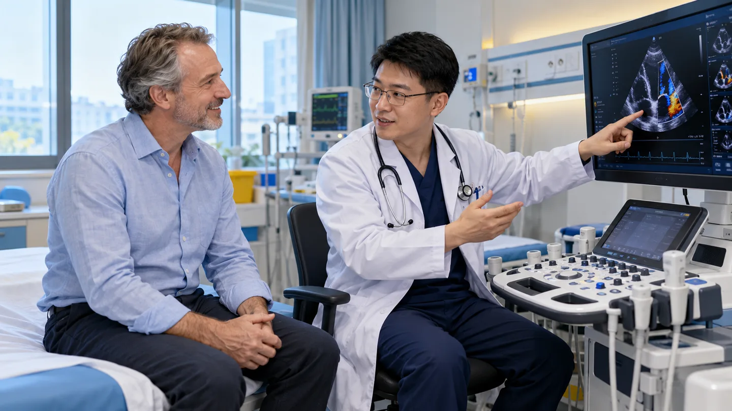 International patient attending echocardiography follow-up after successful heart valve repair