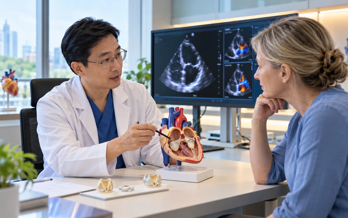 Chinese valve surgeon explaining native heart valve repair options to an international patient