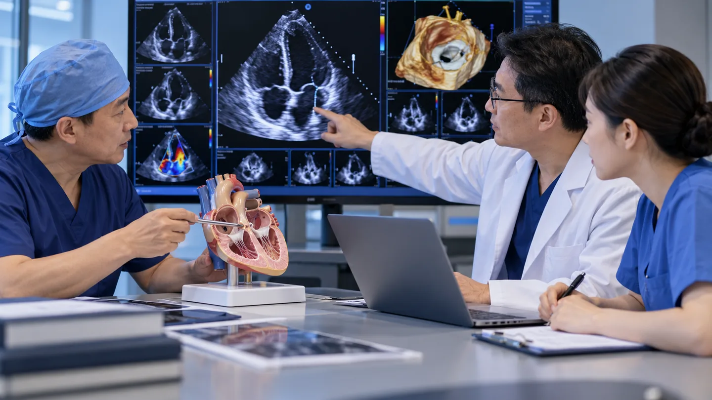 Chinese cardiac team planning mitral valve repair with echocardiography and a heart model