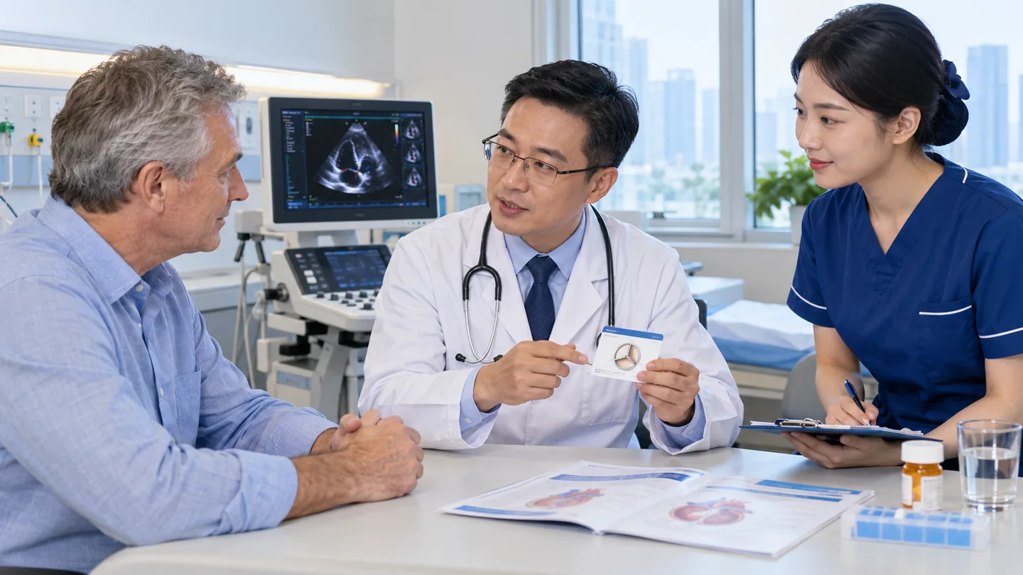 International patient discussing anticoagulation and echocardiography follow-up after valve replacement