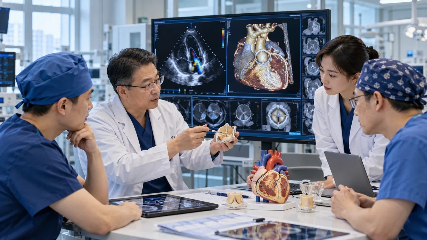 Chinese surgical team planning heart valve replacement using echocardiography CT and valve models