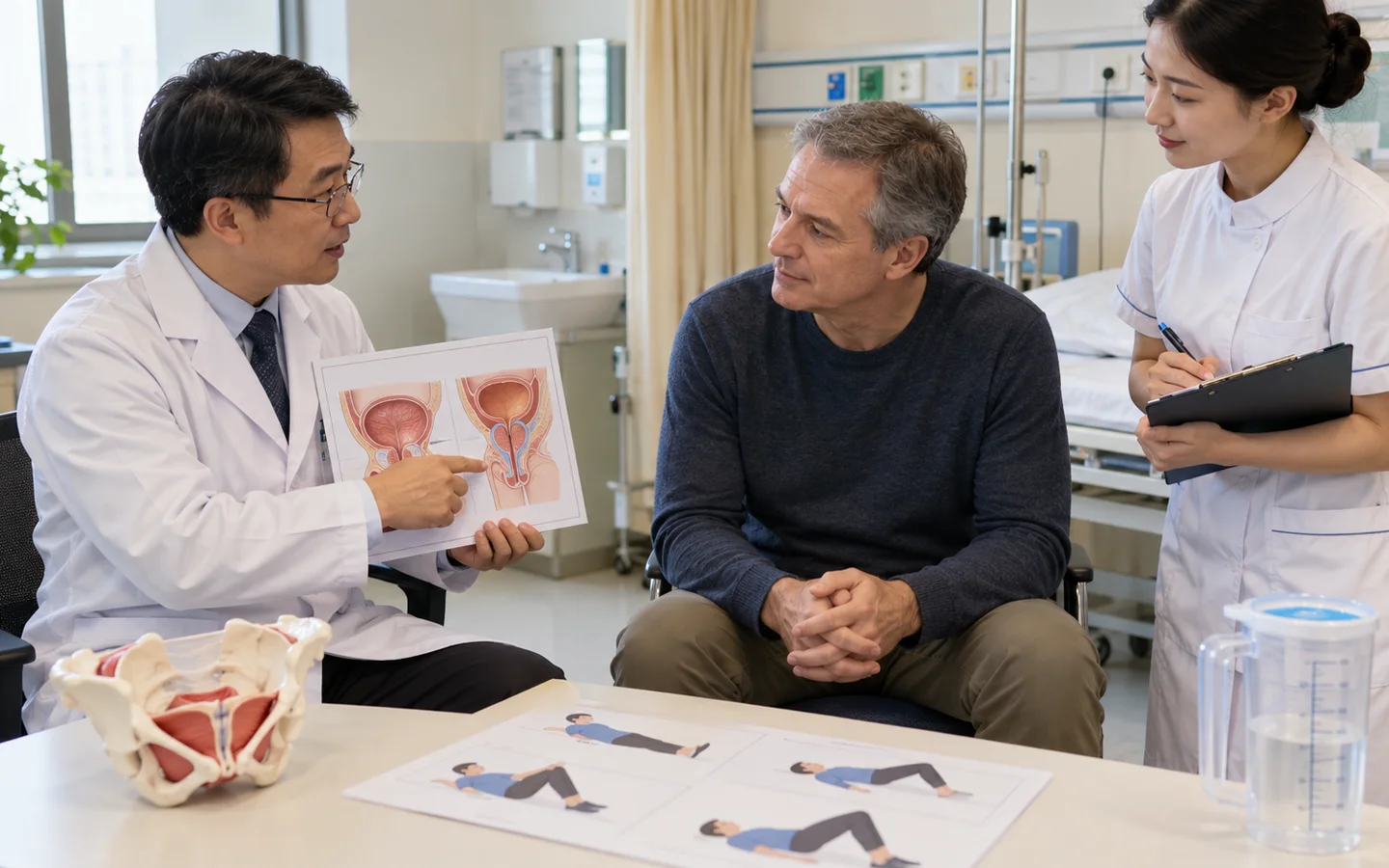 International adult patient reviewing catheter removal pelvic floor exercises and urine flow after HoLEP