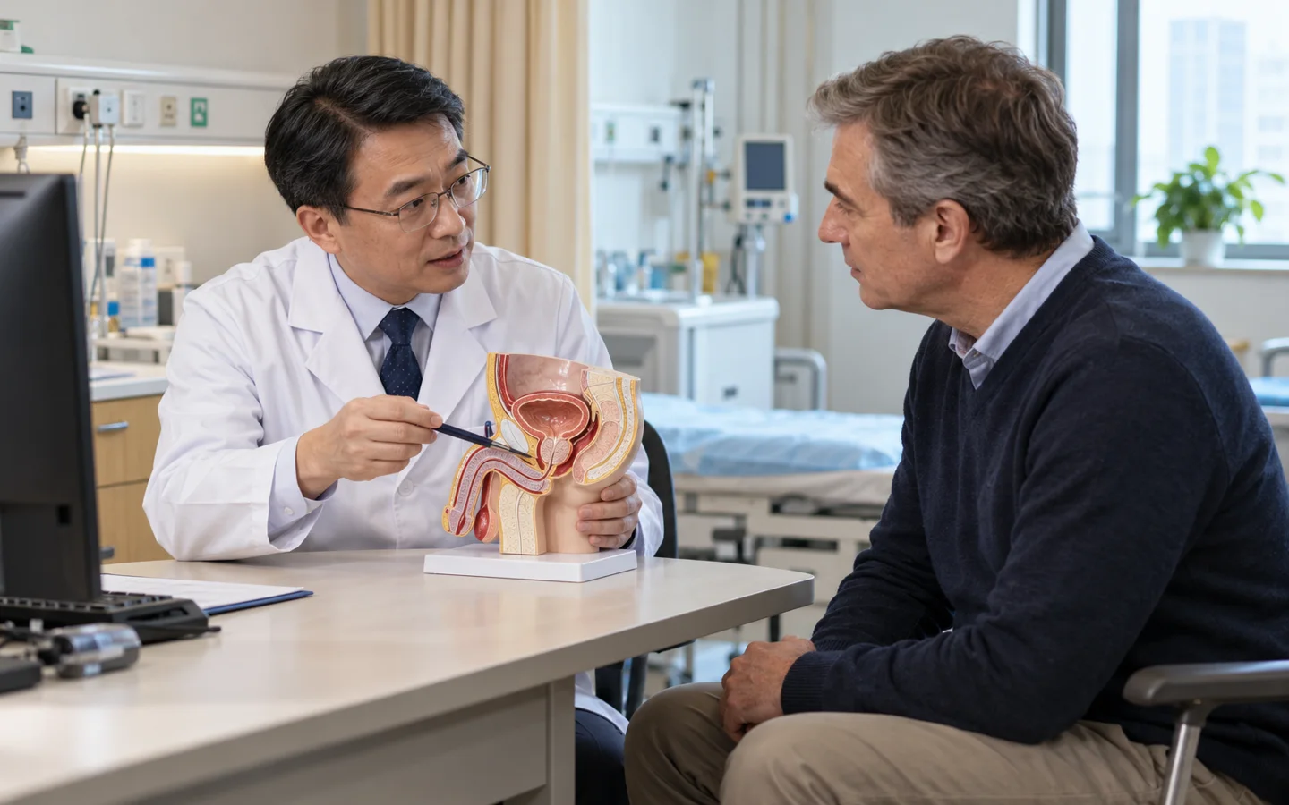 Chinese endourologist explaining HoLEP prostate enucleation to an international adult male patient using a pelvic model