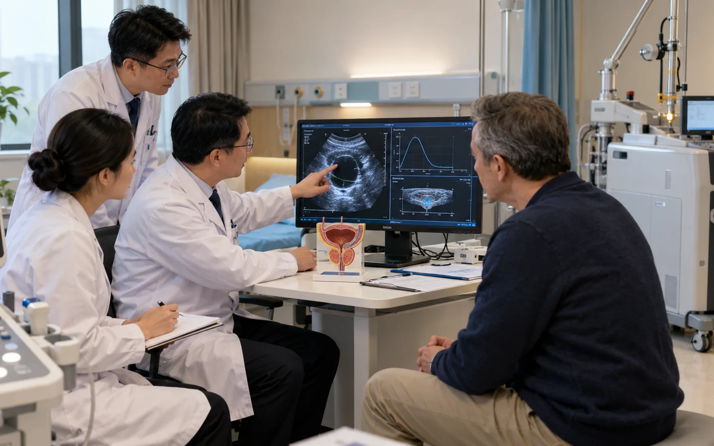 Chinese urology team reviewing prostate volume urine flow residual and laser equipment before HoLEP